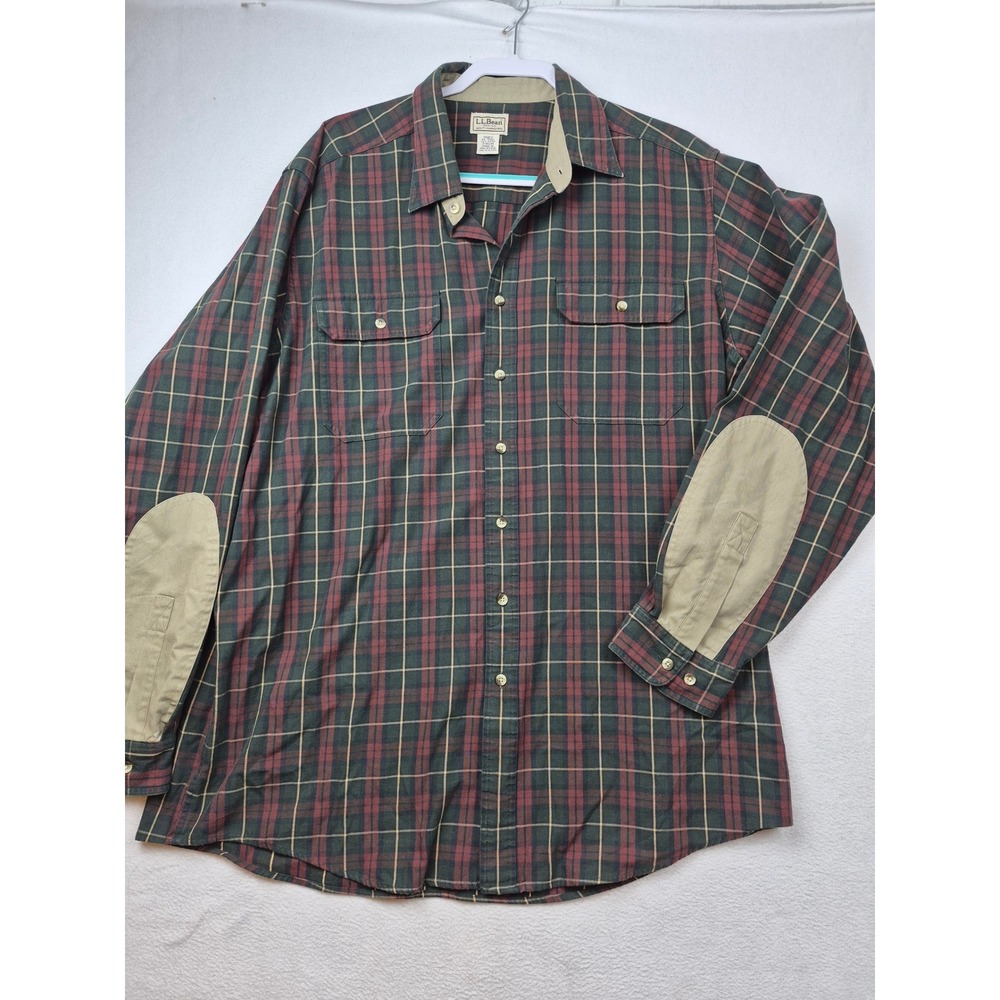 LL Bean Mens Plaid Flannel Button Down Shirt XL Tall Green Red Elbow Patches